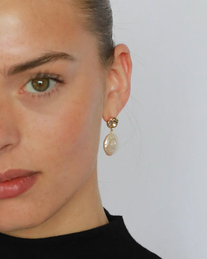 Freshwater pearl earrings with coin shape flat real pearls, 14K gold plated brass, and sterling silver pins