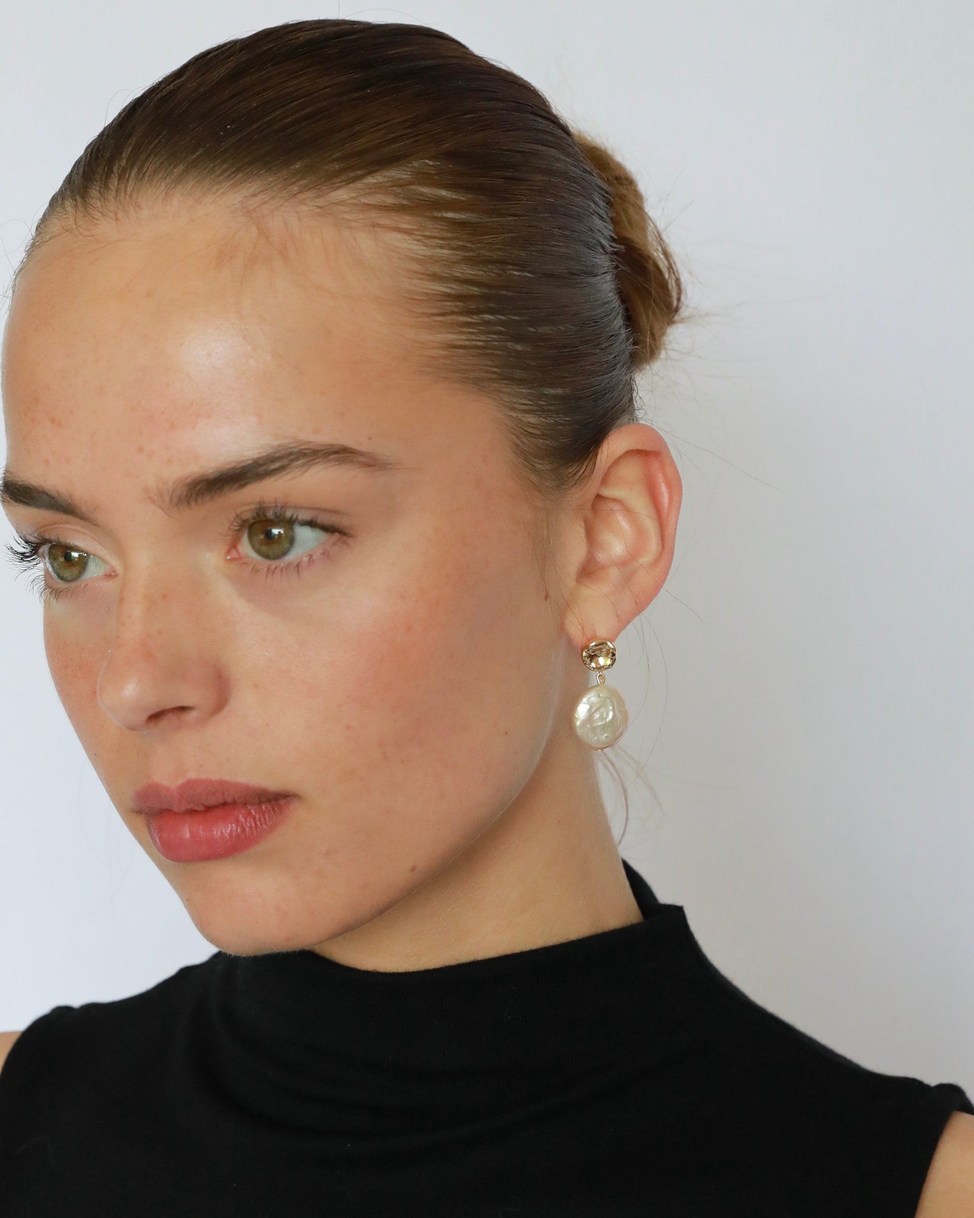 Freshwater pearl earrings with coin shape flat real pearls, 14K gold plated brass, and sterling silver pins, Bridal Earrings