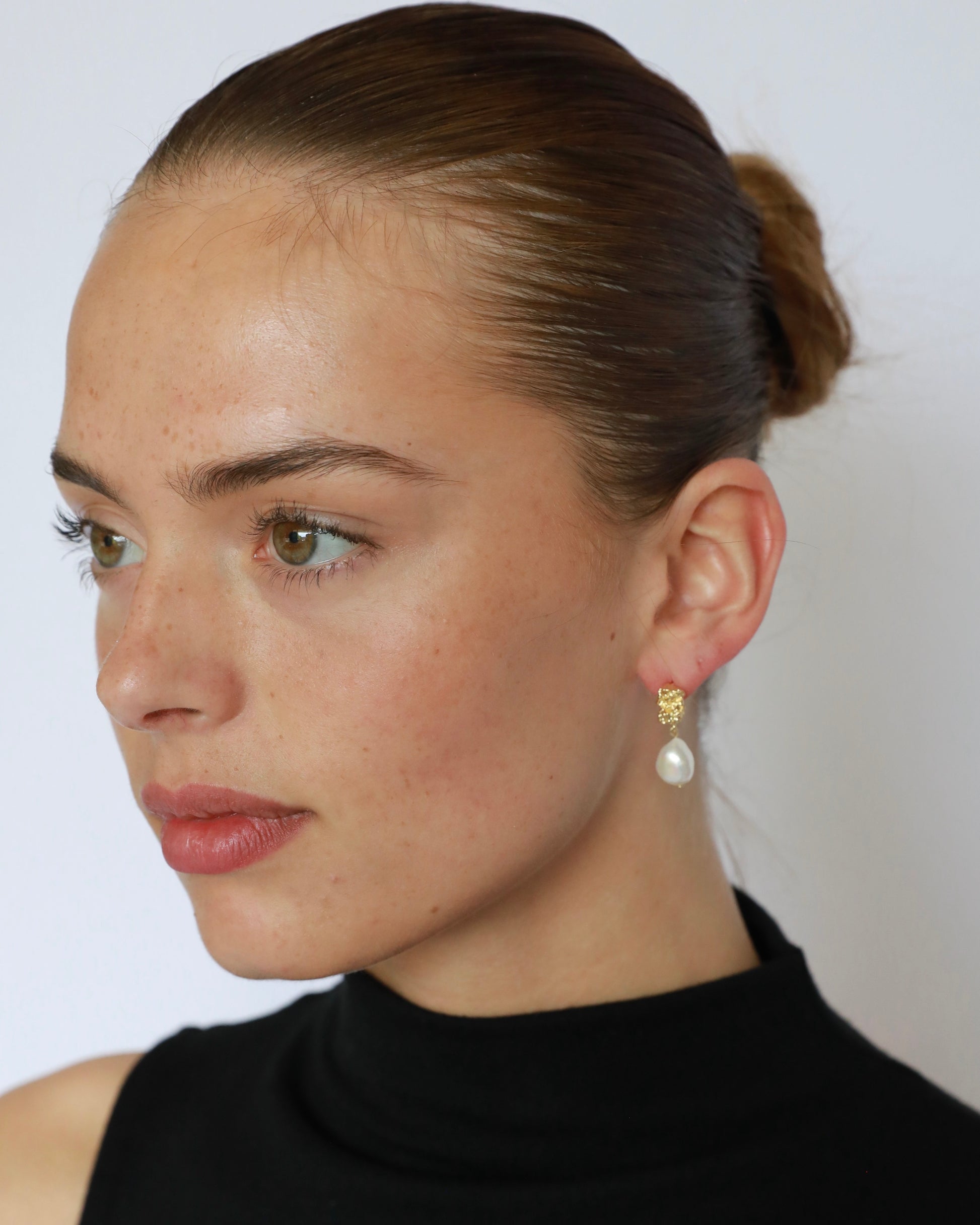 Freshwater pearl bridal earrings with textured gold and silver plated studs and elegant wedding pearl design