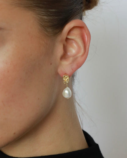 Freshwater pearl bridal earrings with textured gold and silver plated studs and elegant wedding pearl design