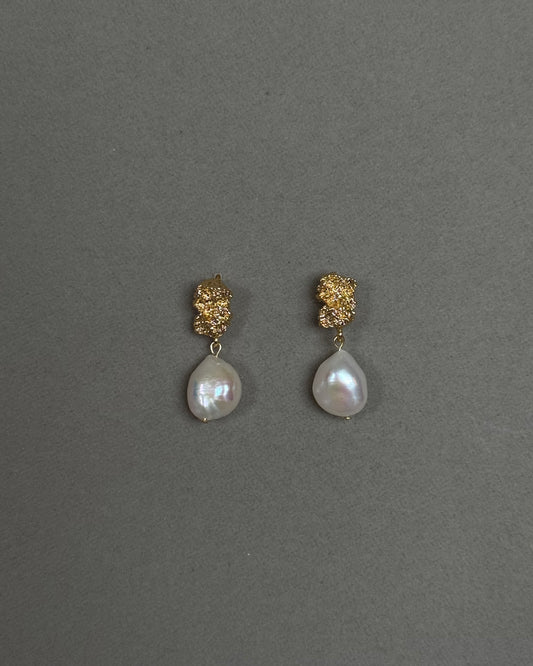 Freshwater pearl bridal earrings with textured gold and silver plated studs and elegant wedding pearl design