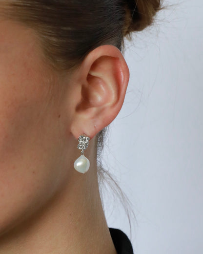 Freshwater pearl bridal earrings with textured gold and silver plated studs and elegant wedding pearl design