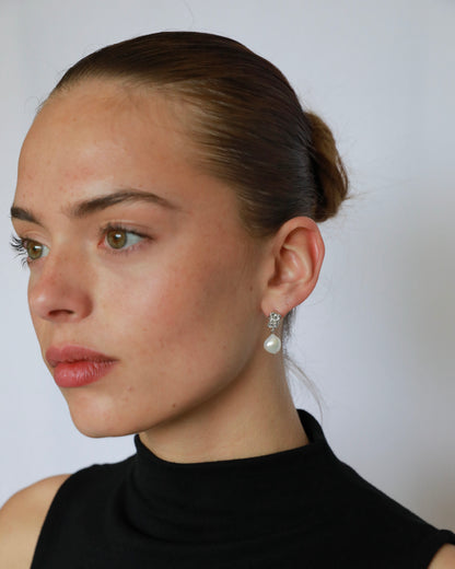 Freshwater pearl bridal earrings with textured gold and silver plated studs and elegant wedding pearl design
