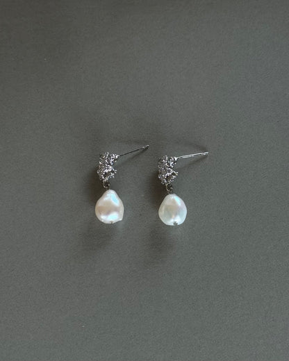 Freshwater pearl bridal earrings with textured gold and silver plated studs and elegant wedding pearl design