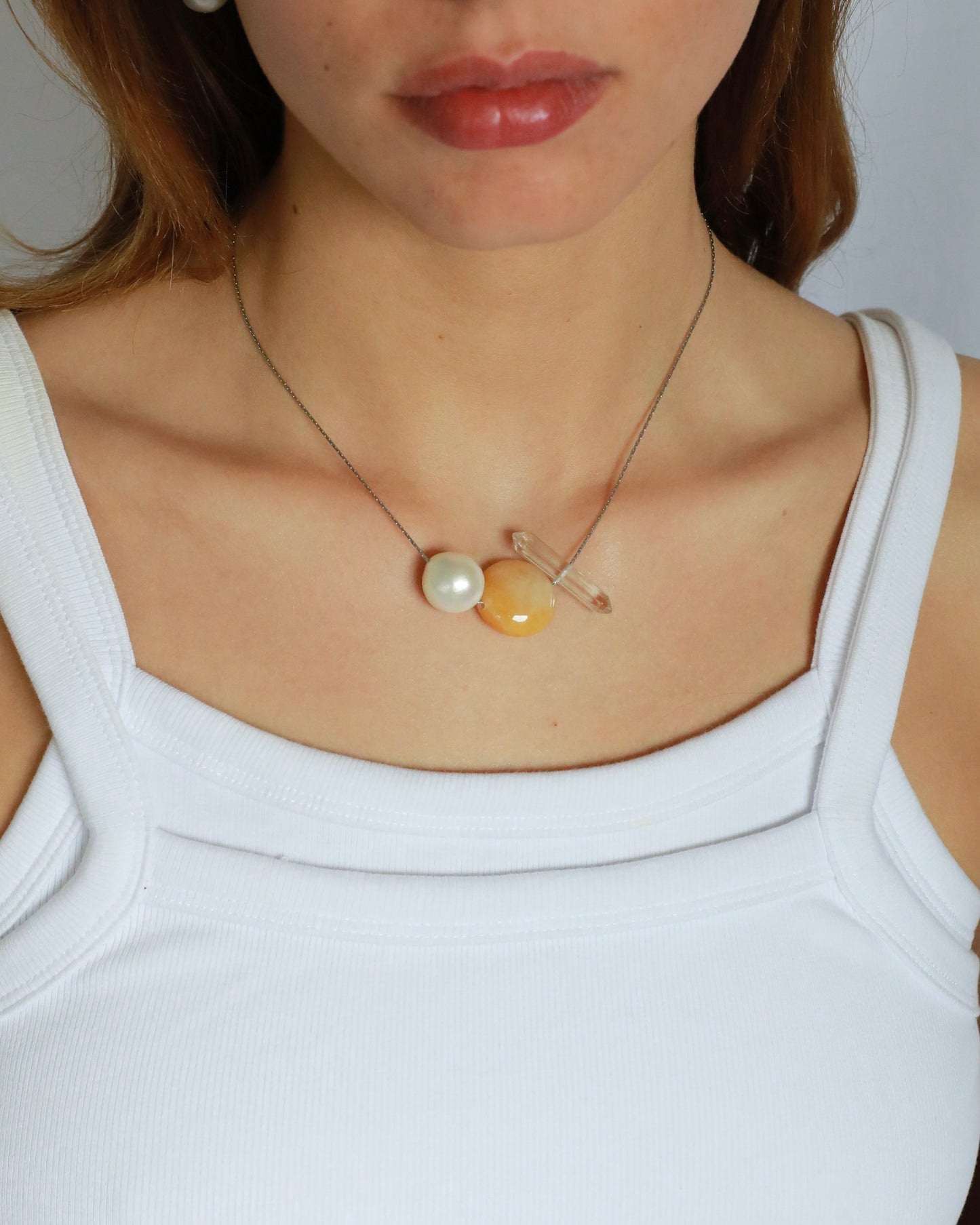 Freshwater baroque pearl necklace with yellow jade and clear quartz on adjustable stainless steel chain handcrafted gift for her