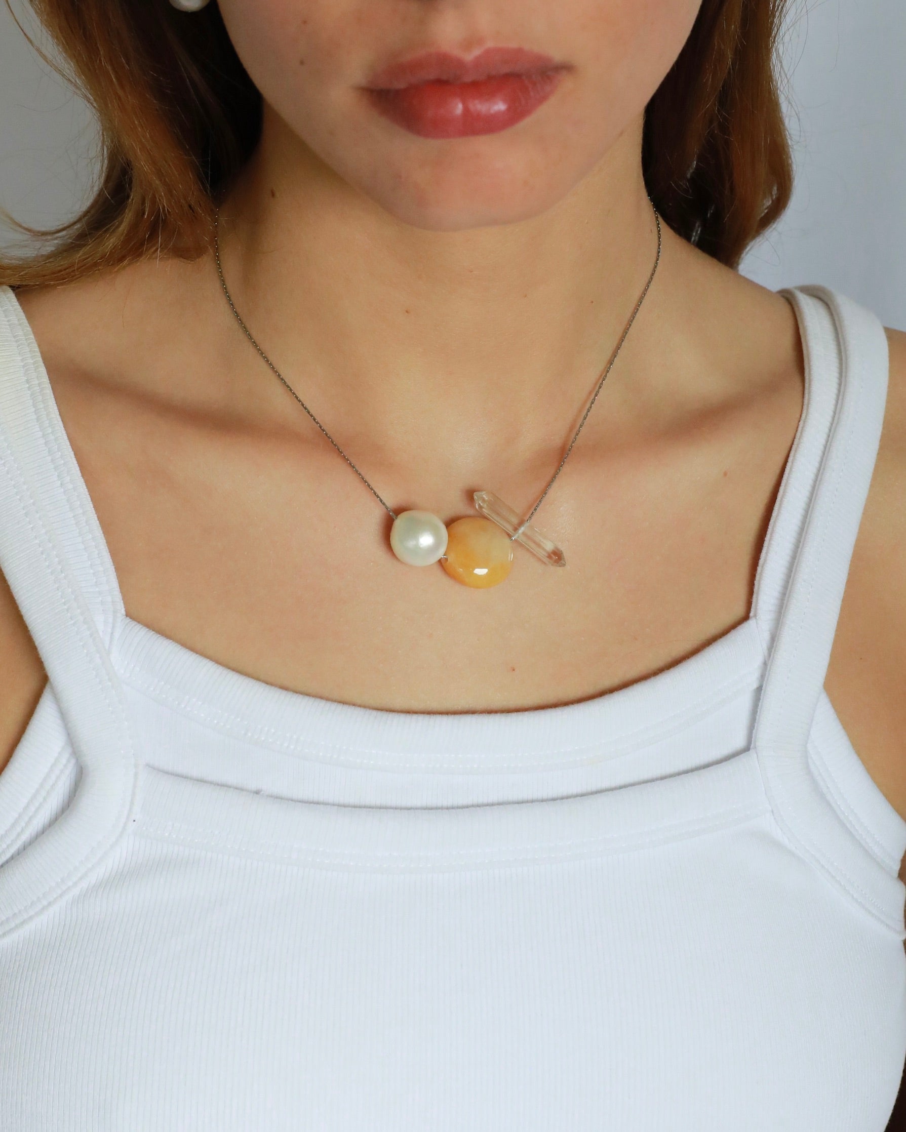 Freshwater baroque pearl necklace with yellow jade and clear quartz on adjustable stainless steel chain handcrafted gift for her
