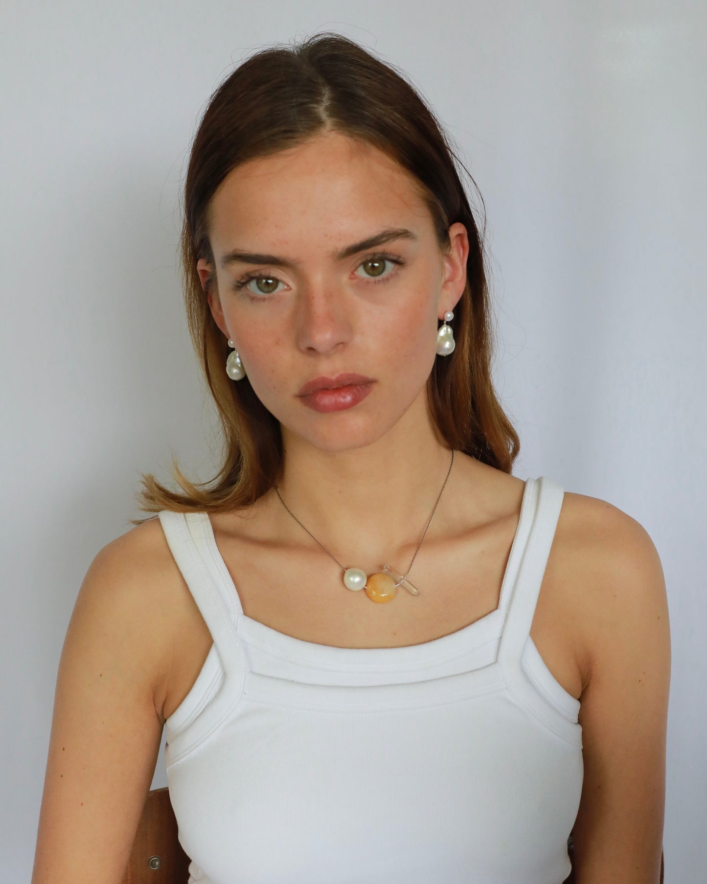 Freshwater baroque pearl necklace with yellow jade and clear quartz on adjustable stainless steel chain handcrafted gift for her
