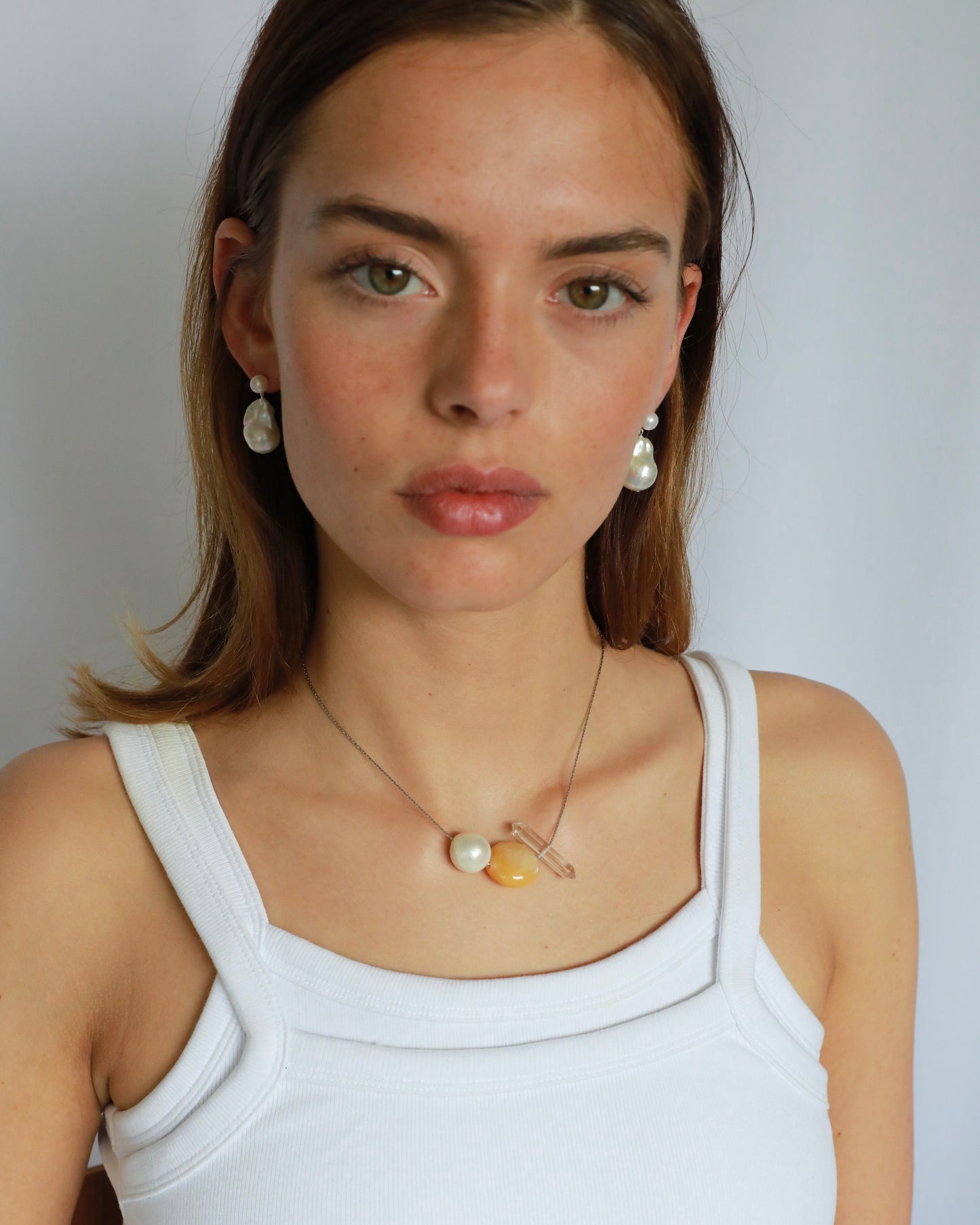 Freshwater baroque pearl necklace with yellow jade and clear quartz on adjustable stainless steel chain handcrafted gift for her