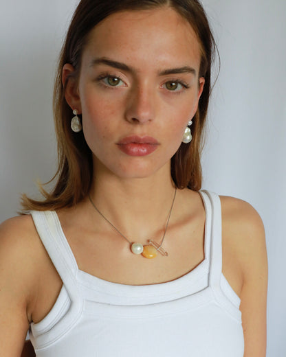 Freshwater baroque pearl necklace with yellow jade and clear quartz on adjustable stainless steel chain handcrafted gift for her