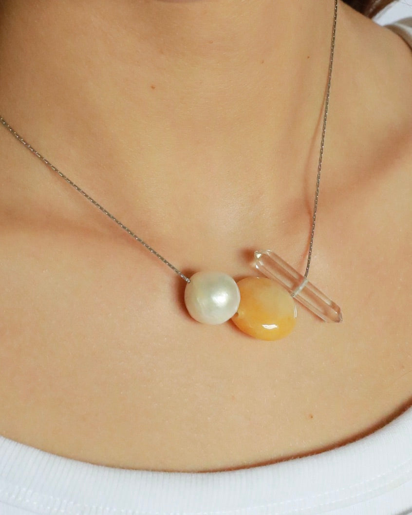 Freshwater baroque pearl necklace with yellow jade and clear quartz on adjustable stainless steel chain handcrafted gift for her