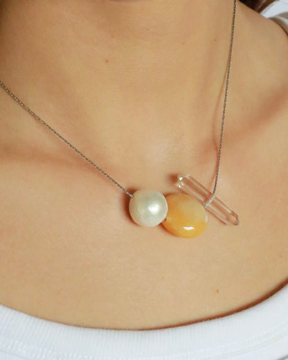 Freshwater baroque pearl necklace with yellow jade and clear quartz on adjustable stainless steel chain handcrafted gift for her