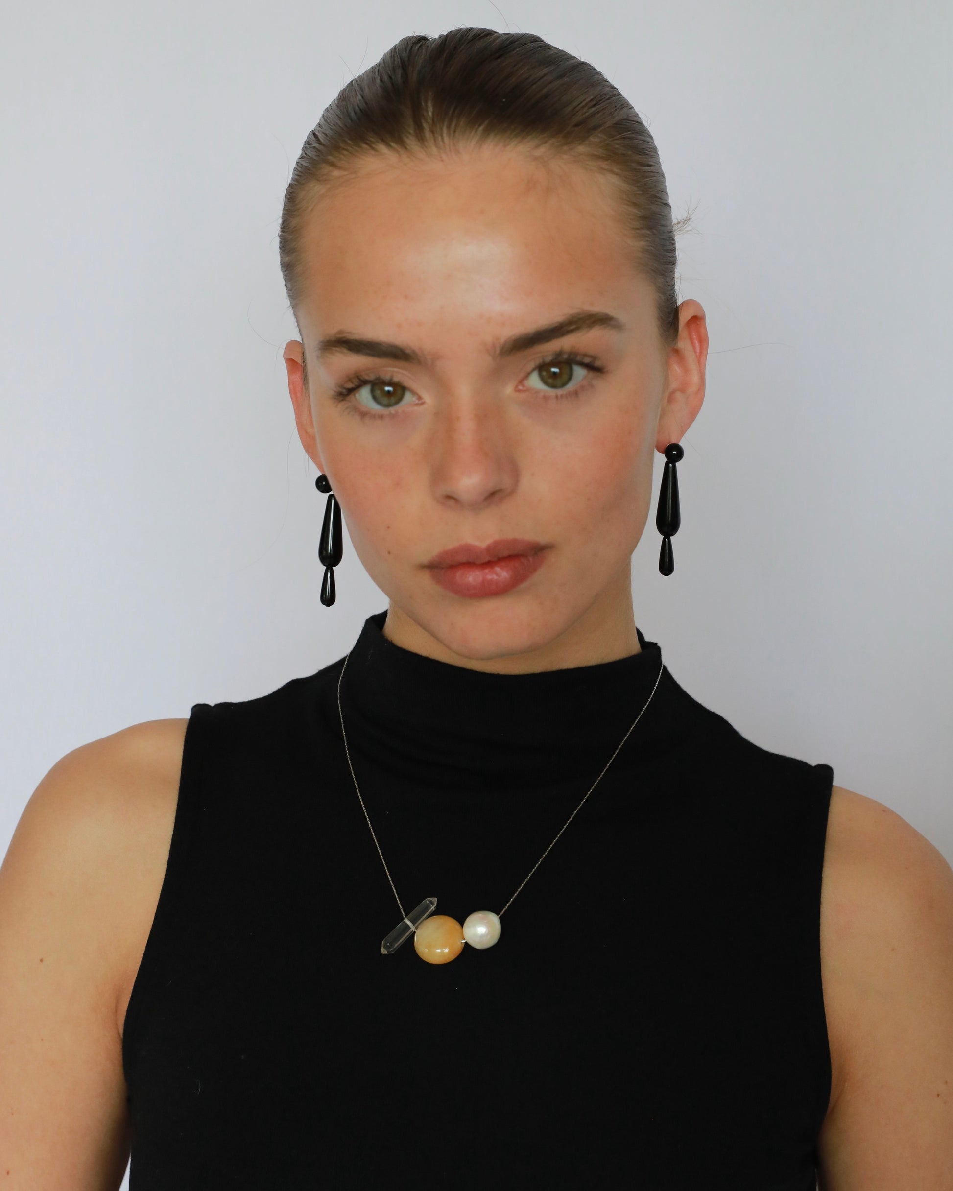 Freshwater baroque pearl necklace with yellow jade and clear quartz on adjustable stainless steel chain handcrafted gift for her