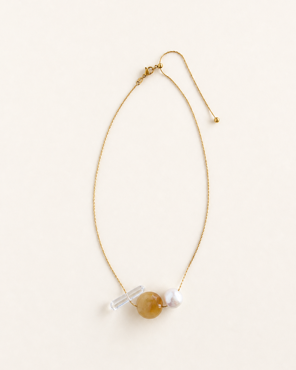 Freshwater baroque pearl necklace with yellow jade and clear quartz on adjustable stainless steel chain handcrafted gift for her