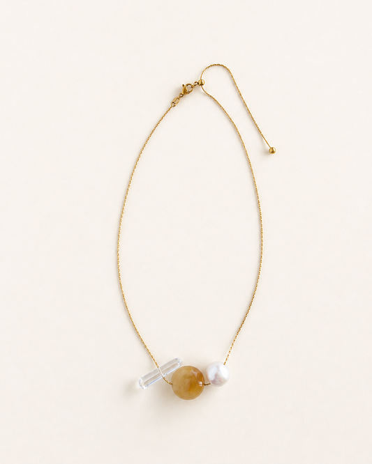Freshwater baroque pearl necklace with yellow jade and clear quartz on adjustable stainless steel chain handcrafted gift for her