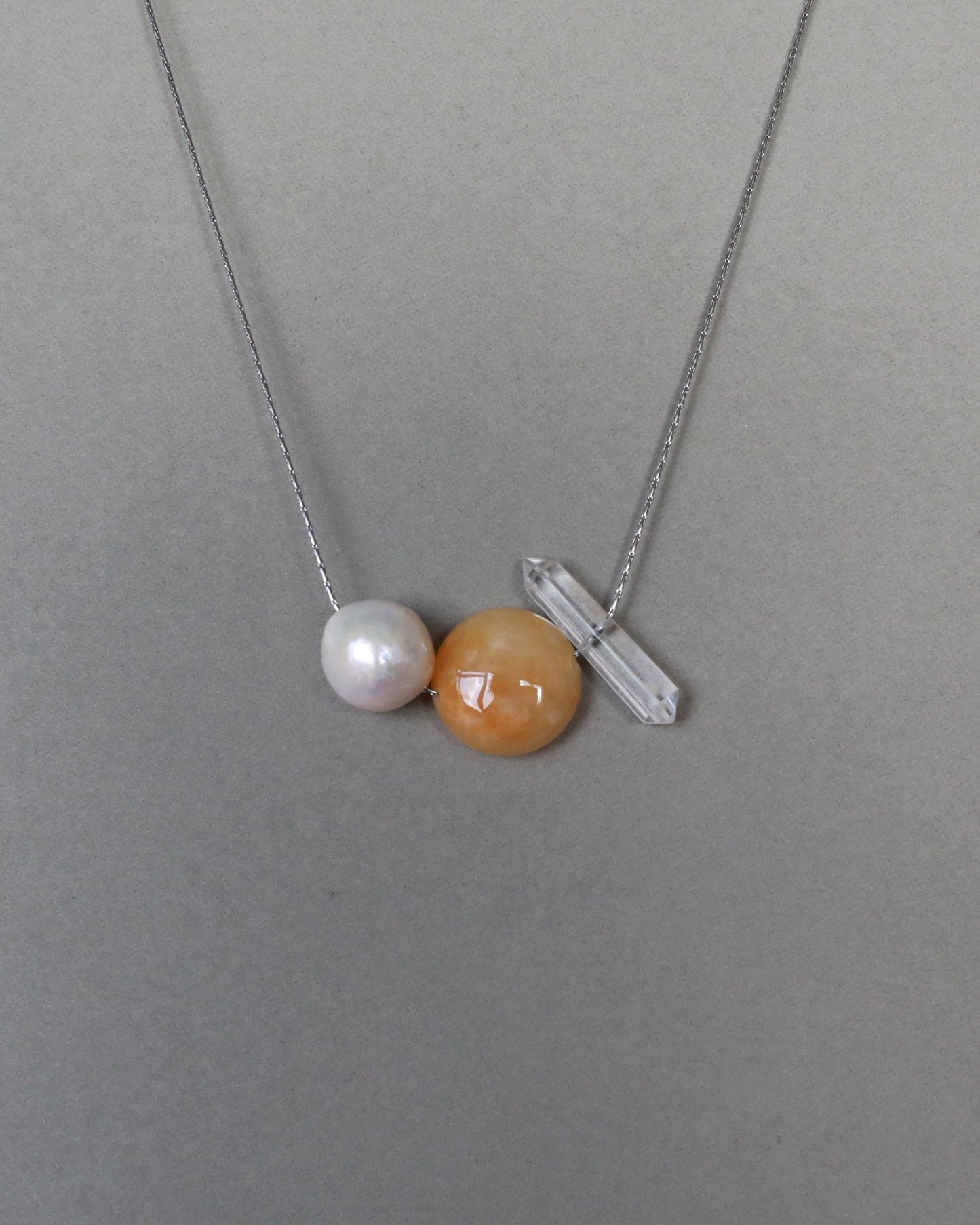 Freshwater baroque pearl necklace with yellow jade and clear quartz on adjustable stainless steel chain handcrafted gift for her
