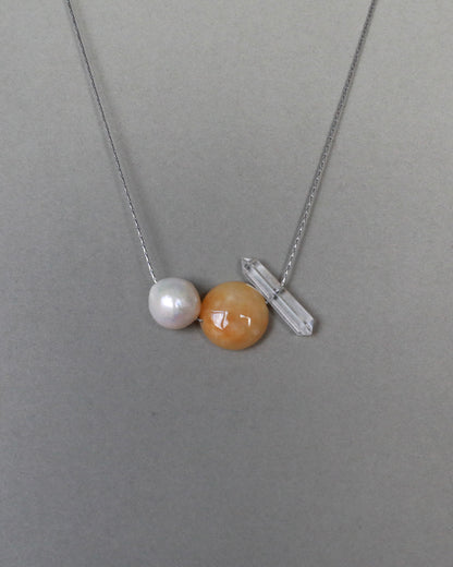 Freshwater baroque pearl necklace with yellow jade and clear quartz on adjustable stainless steel chain handcrafted gift for her