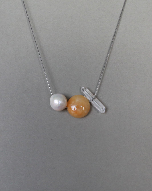 Freshwater baroque pearl necklace with yellow jade and clear quartz on adjustable stainless steel chain handcrafted gift for her