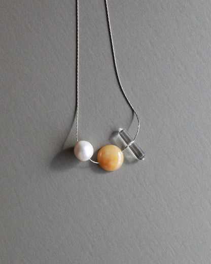 Freshwater baroque pearl necklace with yellow jade and clear quartz on adjustable stainless steel chain handcrafted gift for her
