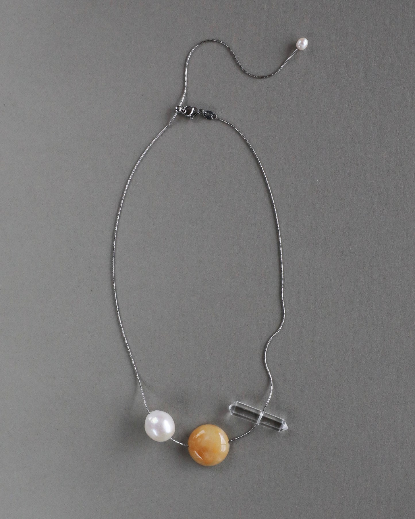 Freshwater baroque pearl necklace with yellow jade and clear quartz on adjustable stainless steel chain handcrafted gift for her