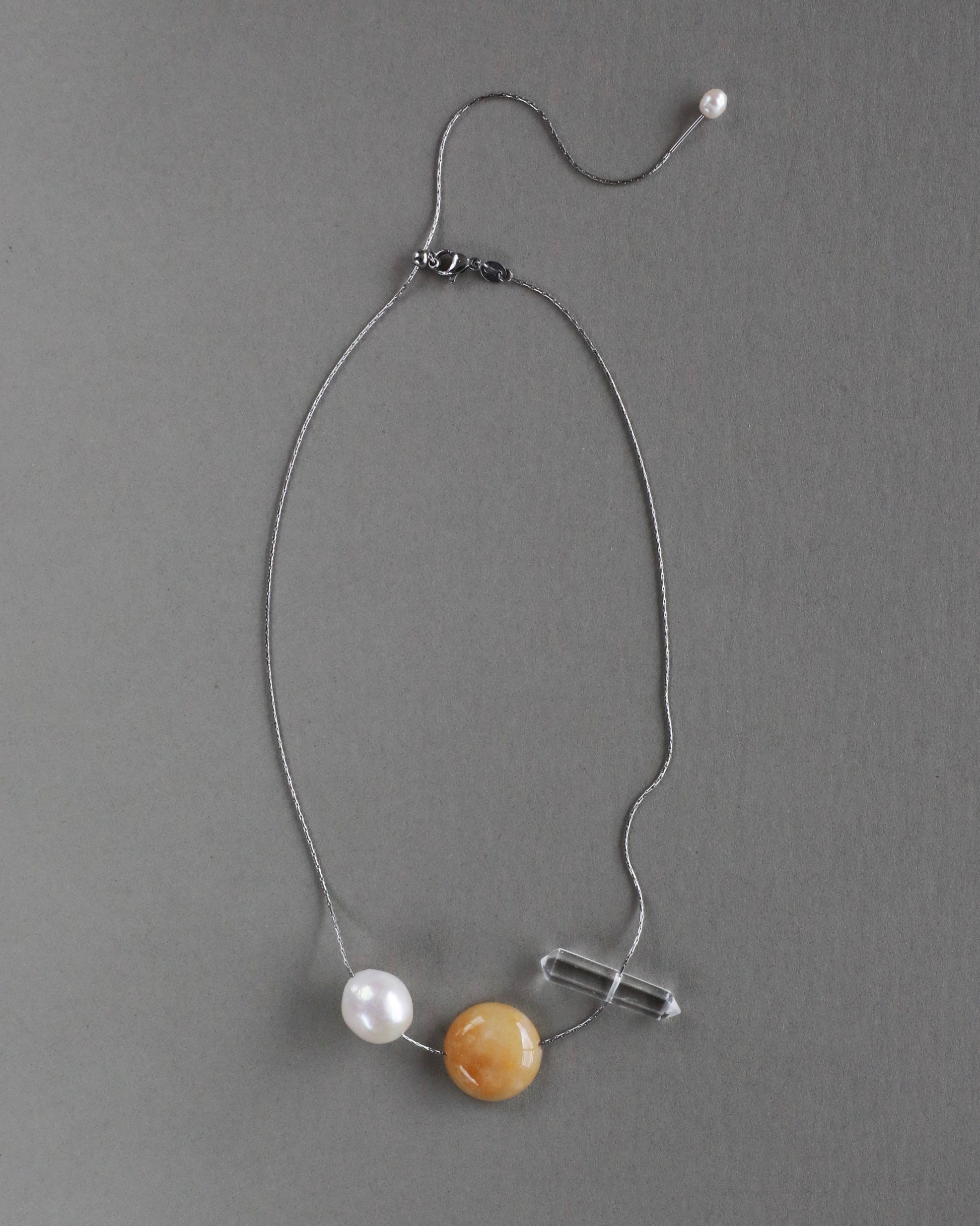 Freshwater baroque pearl necklace with yellow jade and clear quartz on adjustable stainless steel chain handcrafted gift for her