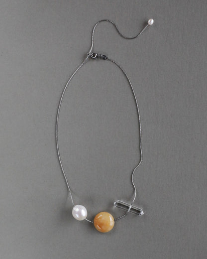 Freshwater baroque pearl necklace with yellow jade and clear quartz on adjustable stainless steel chain handcrafted gift for her