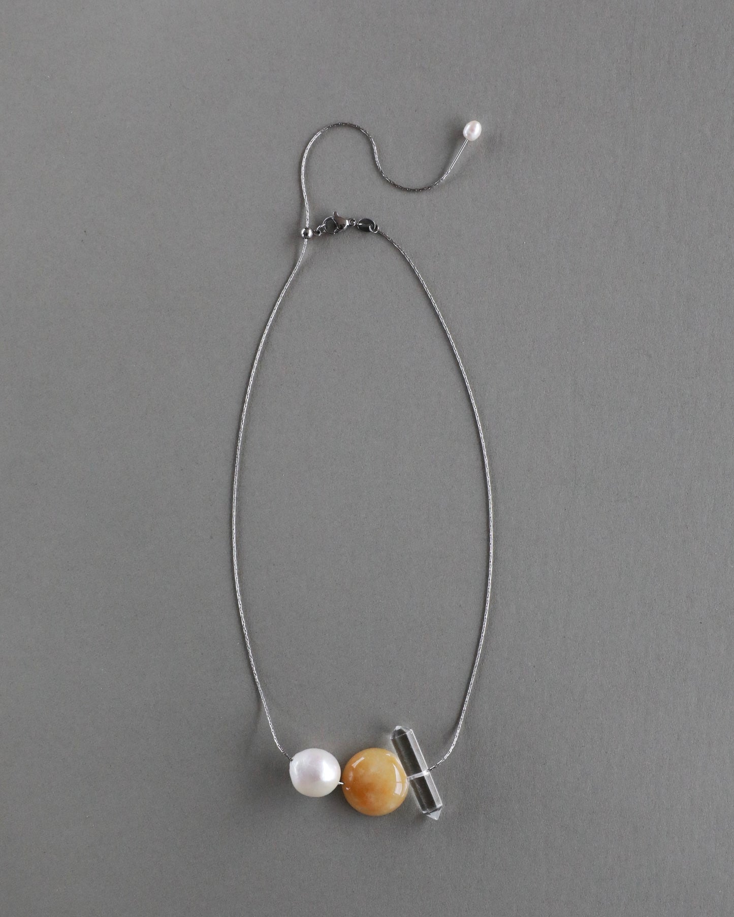 Freshwater baroque pearl necklace with yellow jade and clear quartz on adjustable stainless steel chain handcrafted gift for her