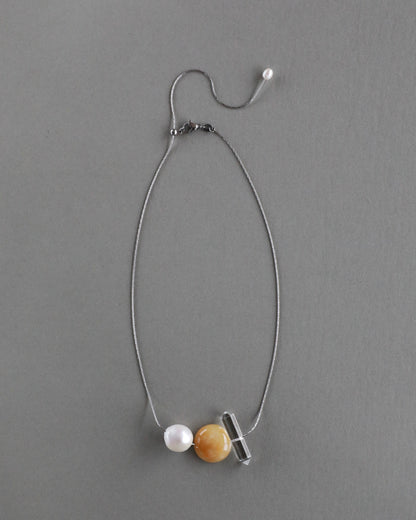 Freshwater baroque pearl necklace with yellow jade and clear quartz on adjustable stainless steel chain handcrafted gift for her