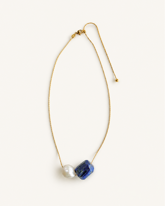 Gold adjustable necklace with natural lapis lazuli stone and large freshwater pearl