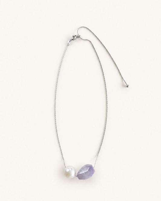 Silver adjustable necklace with natural light amethyst stone and large freshwater pearl