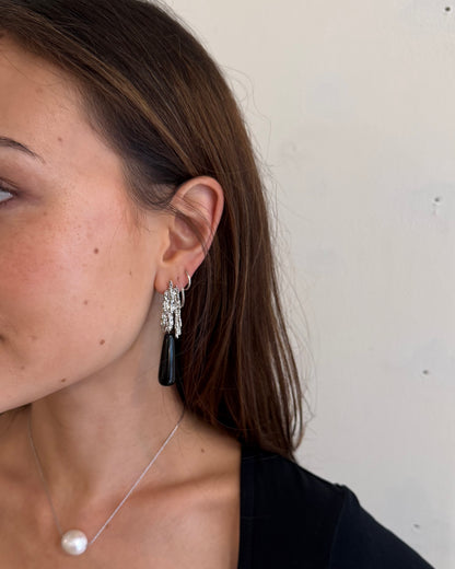 Natural black onyx teardrop earrings with textured gold-plated brass