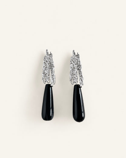 Natural black onyx teardrop earrings with textured silver-plated brass