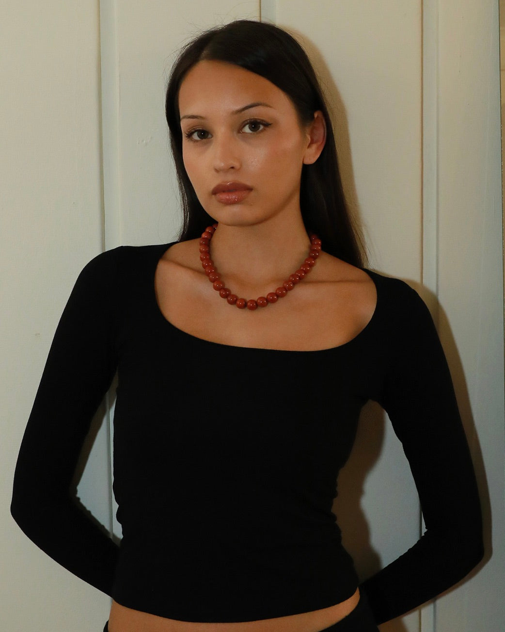 12mm natural red stone beaded necklace with matte red beads and Nordic minimalist design.