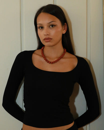 12mm natural red stone beaded necklace with matte red beads and Nordic minimalist design.