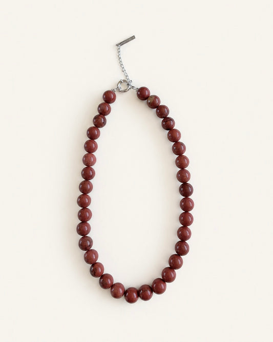 12mm natural red stone beaded necklace with matte red beads and Nordic minimalist design.