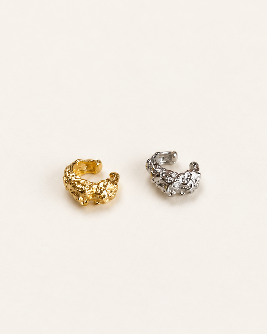 Organic textured ear cuff in 14K Gold plated brass and Sterling silver plated brass