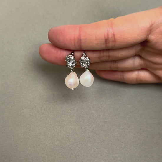 Freshwater pearl bridal earrings with textured gold and silver plated studs and elegant wedding pearl design