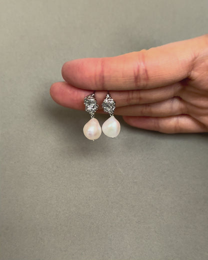 Freshwater pearl bridal earrings with textured gold and silver plated studs and elegant wedding pearl design