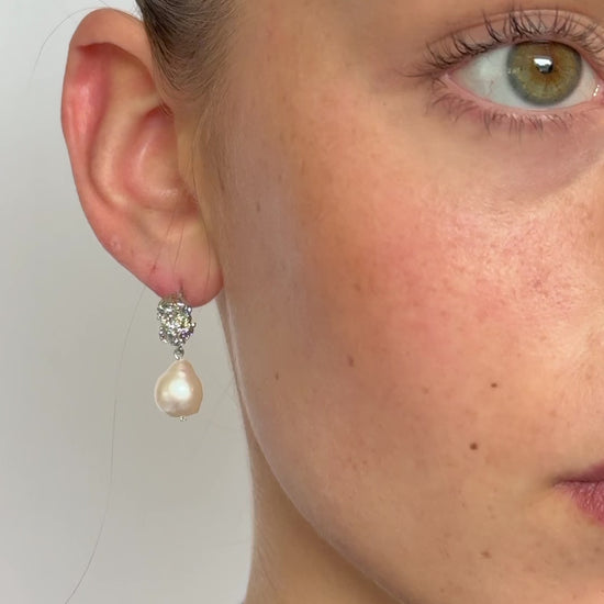 Freshwater pearl bridal earrings with textured gold and silver plated studs and elegant wedding pearl design