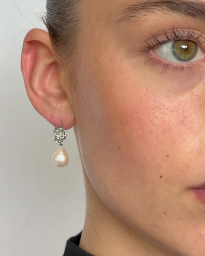 Freshwater pearl bridal earrings with textured gold and silver plated studs and elegant wedding pearl design