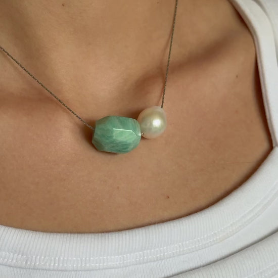 Amazonite pendant and freshwater baroque pearl adjustable necklace choker on stainless steel chain in silver color