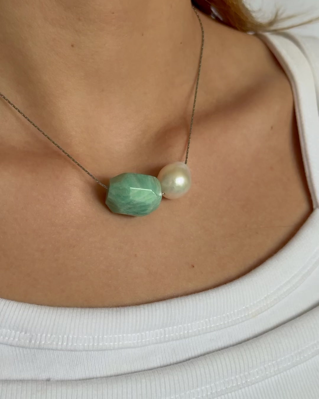 Amazonite pendant and freshwater baroque pearl adjustable necklace choker on stainless steel chain in silver color