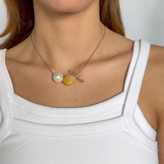 Freshwater baroque pearl necklace with yellow jade and clear quartz on adjustable stainless steel chain handcrafted gift for her