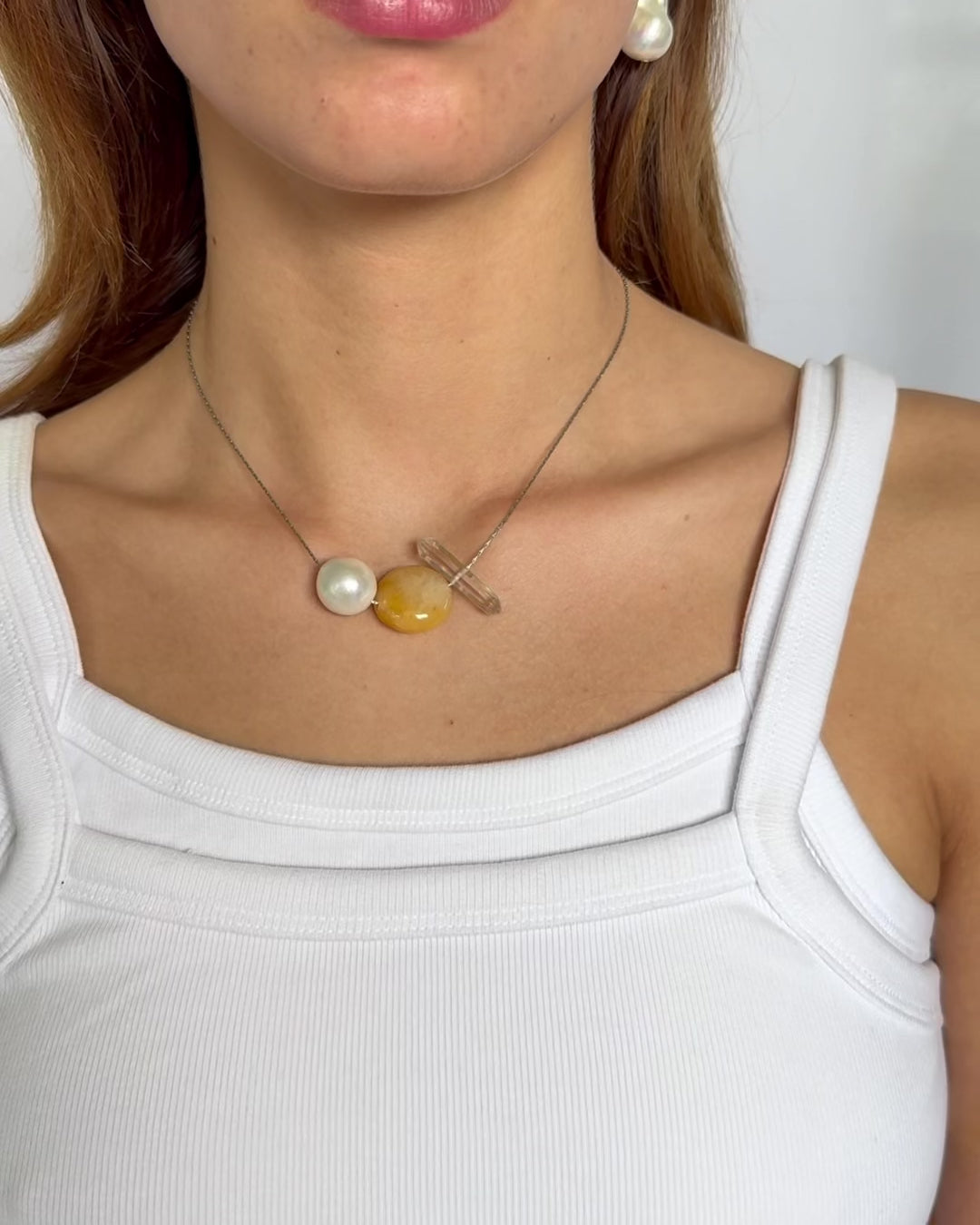 Freshwater baroque pearl necklace with yellow jade and clear quartz on adjustable stainless steel chain handcrafted gift for her