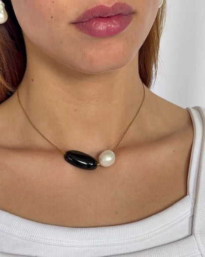 Leni Freshwater Baroque Pearl & Black Onyx Pendant Necklace Adjustable Stainless Steel Chain