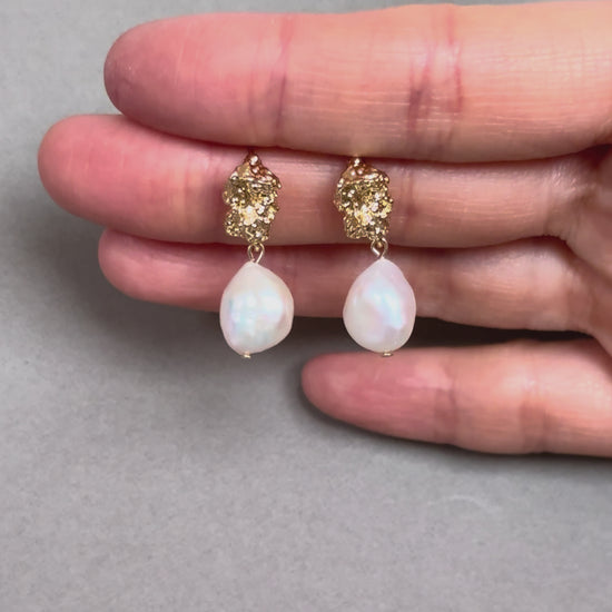 Freshwater pearl bridal earrings with textured gold and silver plated studs and elegant wedding pearl design