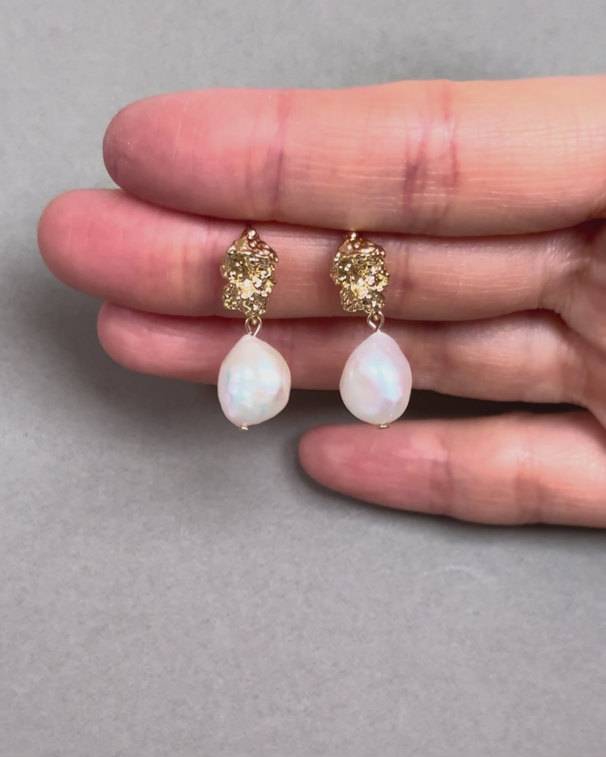 Freshwater pearl bridal earrings with textured gold and silver plated studs and elegant wedding pearl design