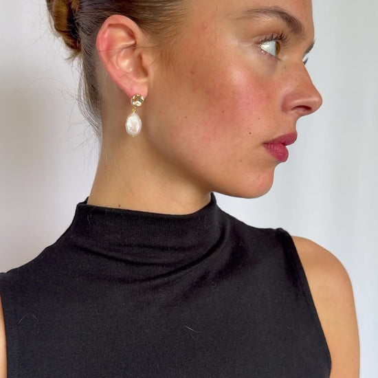 Freshwater pearl earrings with coin shape flat real pearls, 14K gold plated brass, and sterling silver pins
