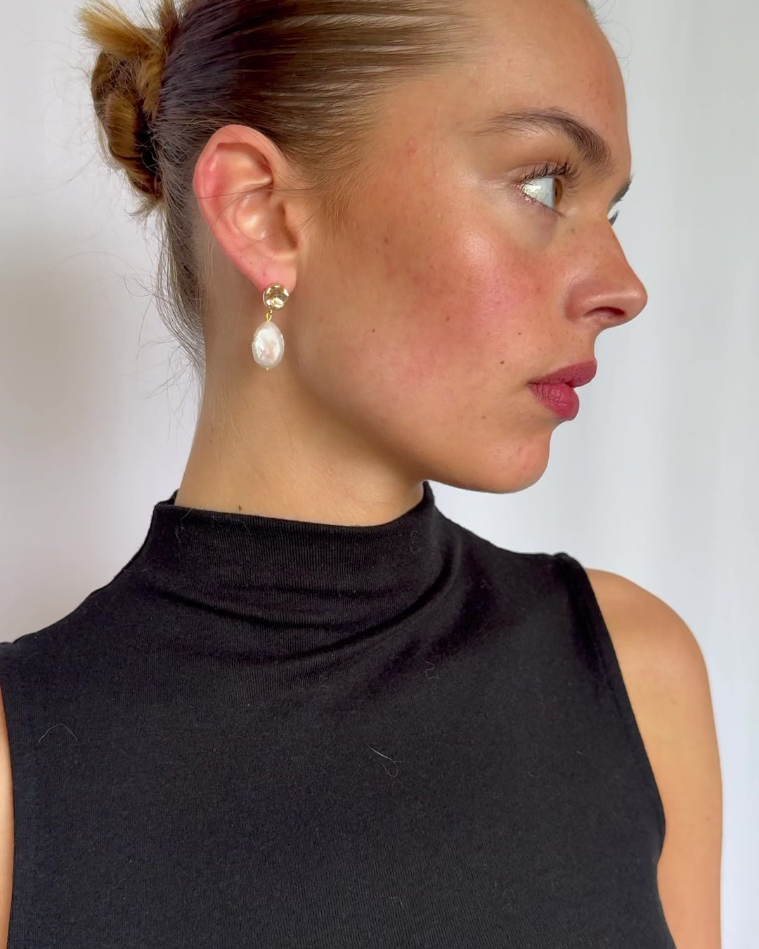 Freshwater pearl earrings with coin shape flat real pearls, 14K gold plated brass, and sterling silver pins