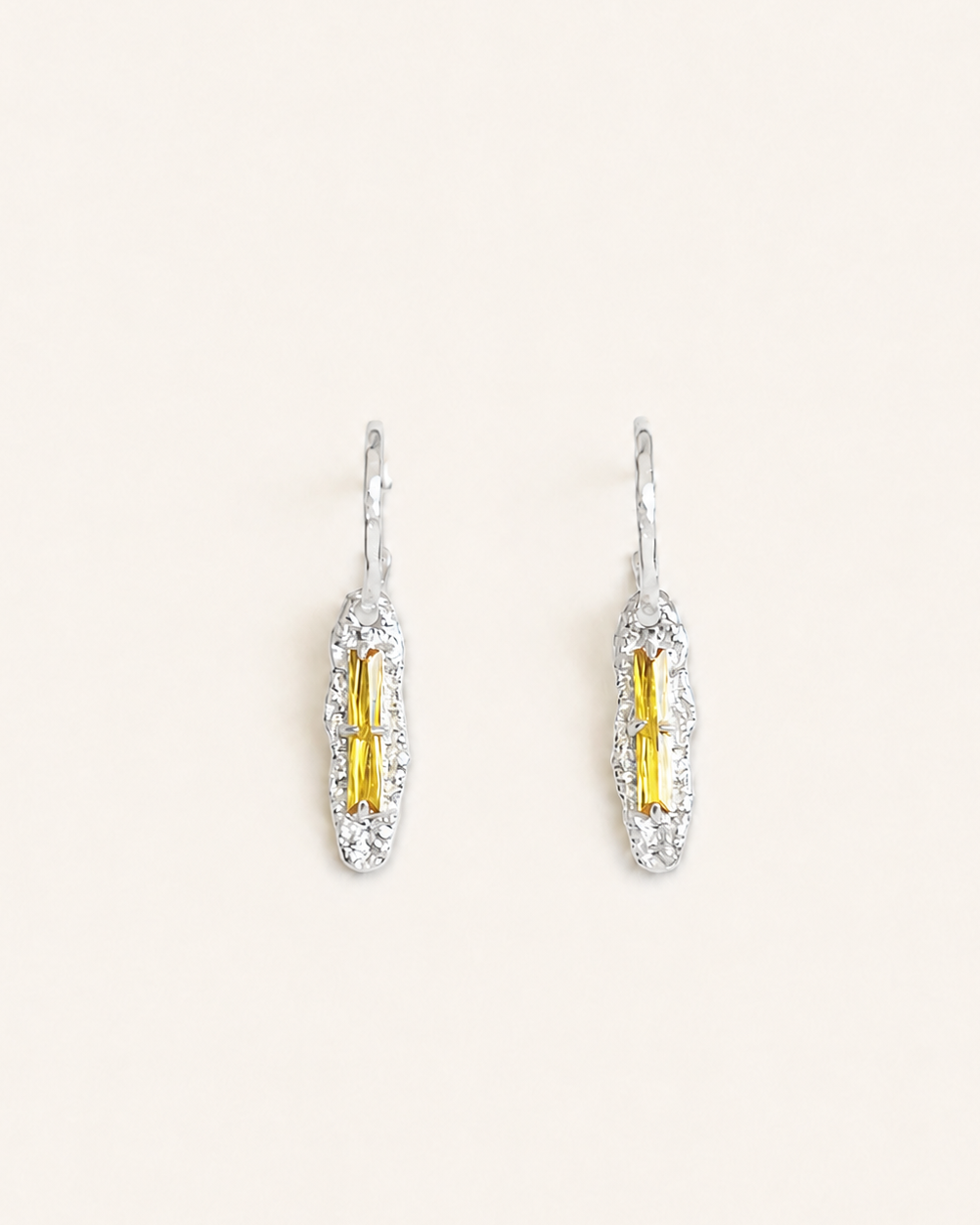 Vintage yellow Citrine CZ long drop earrings with polished silver hoops and organically shaped hammered pendants.