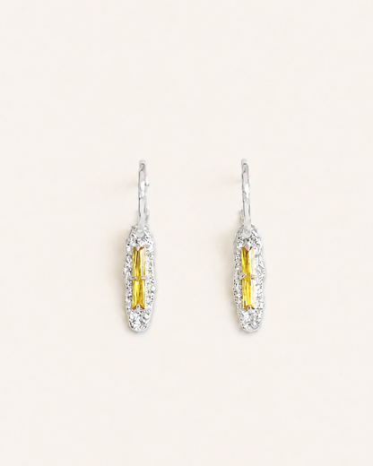 Vintage yellow Citrine CZ long drop earrings with polished silver hoops and organically shaped hammered pendants.
